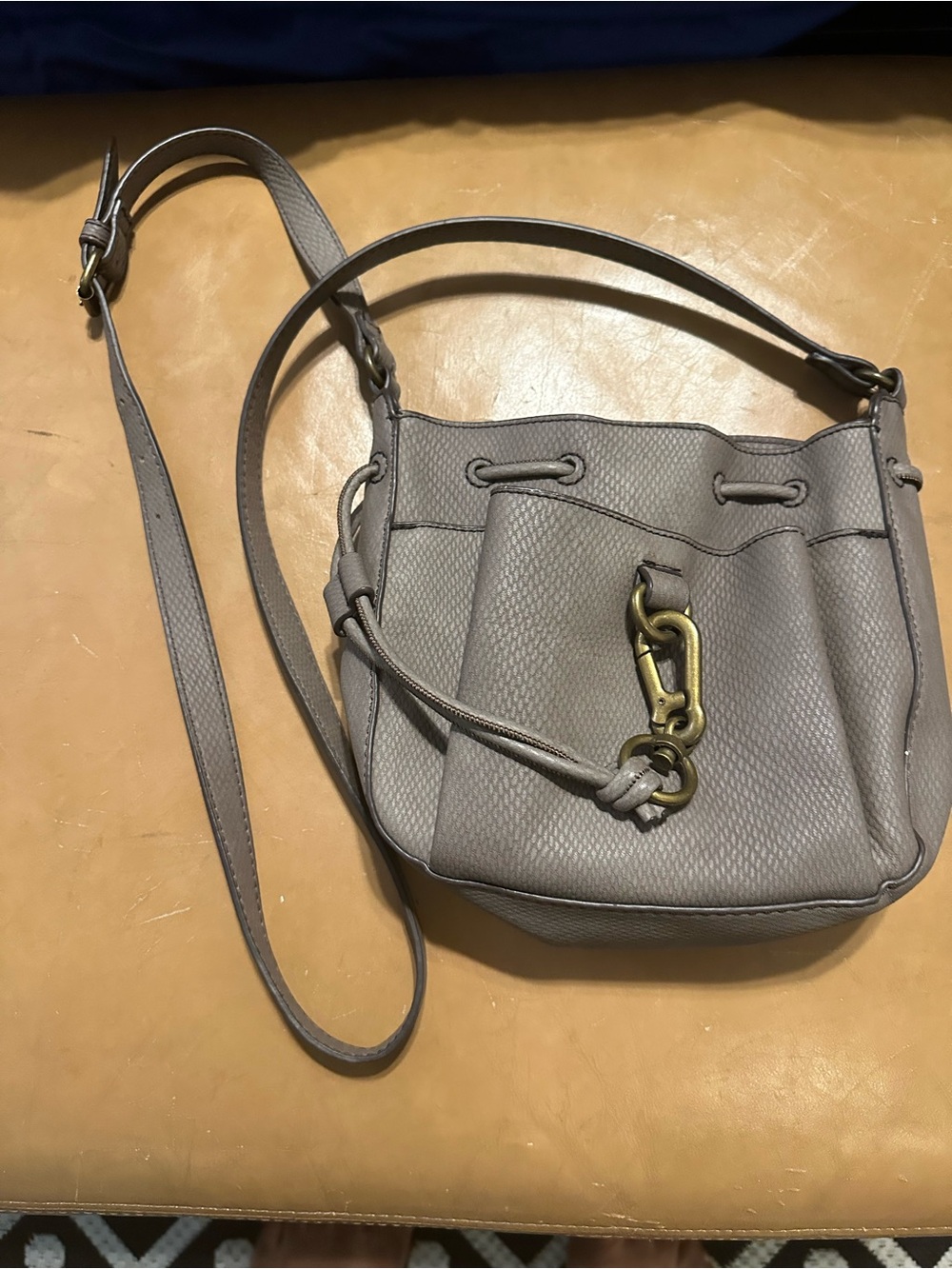 a.n.a Gray Textured Leather Crossbody Bucket Bag with Brass Hook